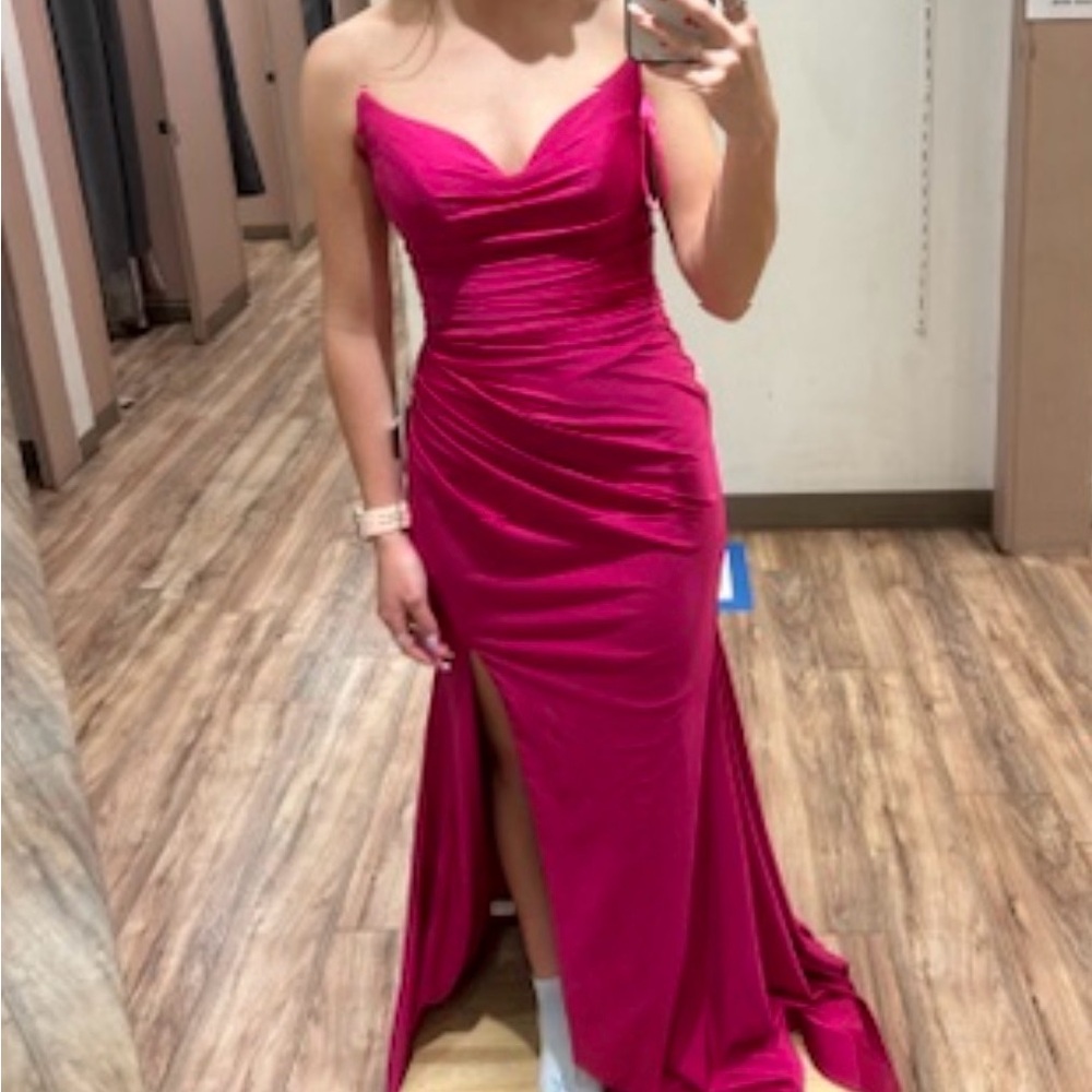Ladivine Fuchsia Strapless Evening Gown with Side Slit, size 2